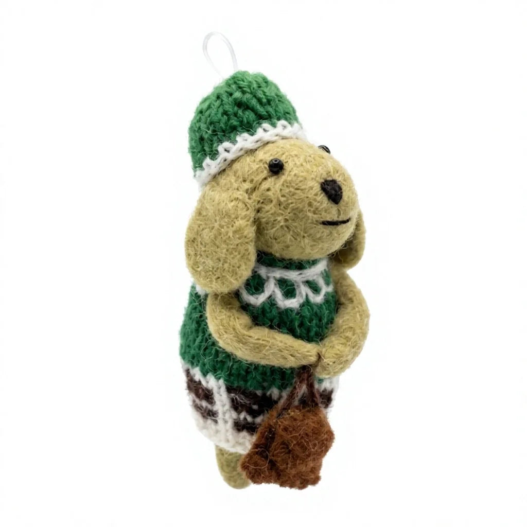 Felt Wool Jute Bunny Christmas Ornament with Green Hat and Burlap Bag Rustic Indoor Decor – view 3