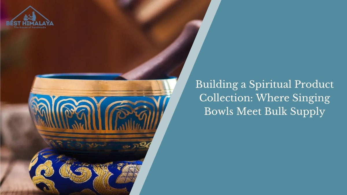 Handcrafted blue and gold Tibetan singing bowl resting on a cushion with promotional text.
