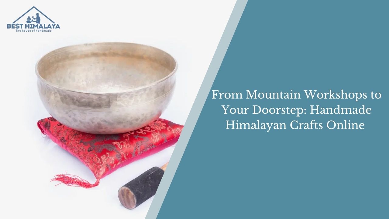 Handmade Himalayan singing bowl with cushion and mallet for meditation.