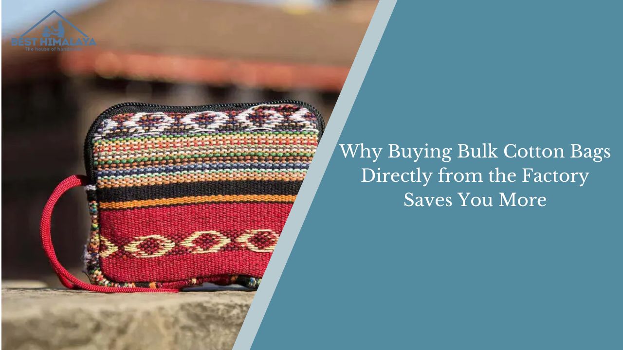 Colorful handmade cotton bag with text about bulk buying directly from the factory.