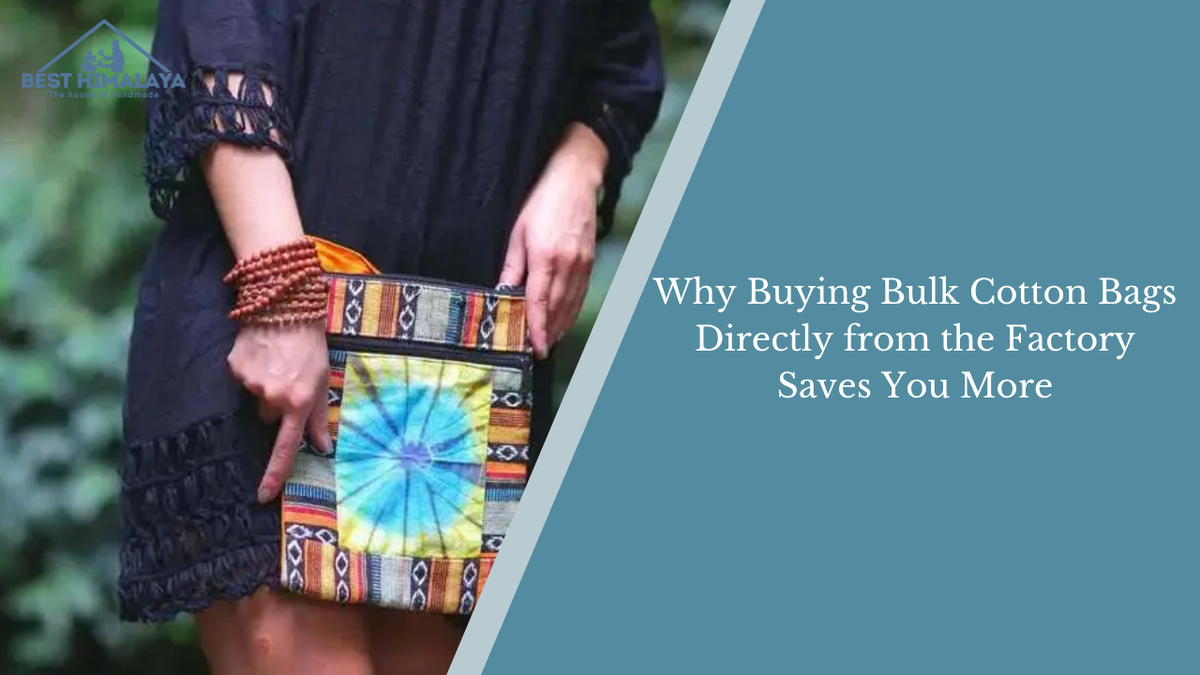 Best Himalaya banner featuring a woman holding a colorful handcrafted cotton bag and factory-direct savings headline.