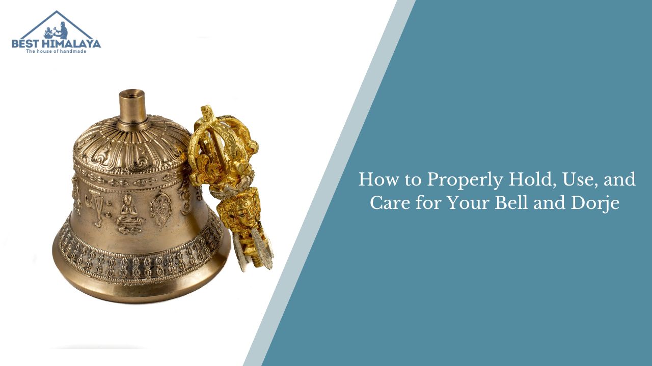 Brass Tibetan bell and dorje beside text about holding, using, and caring for ritual tools.