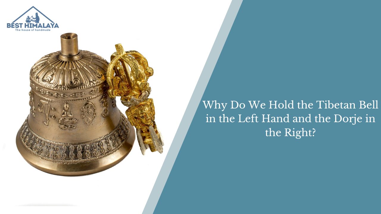 Tibetan bell and dorje with text explaining left-hand bell and right-hand dorje use