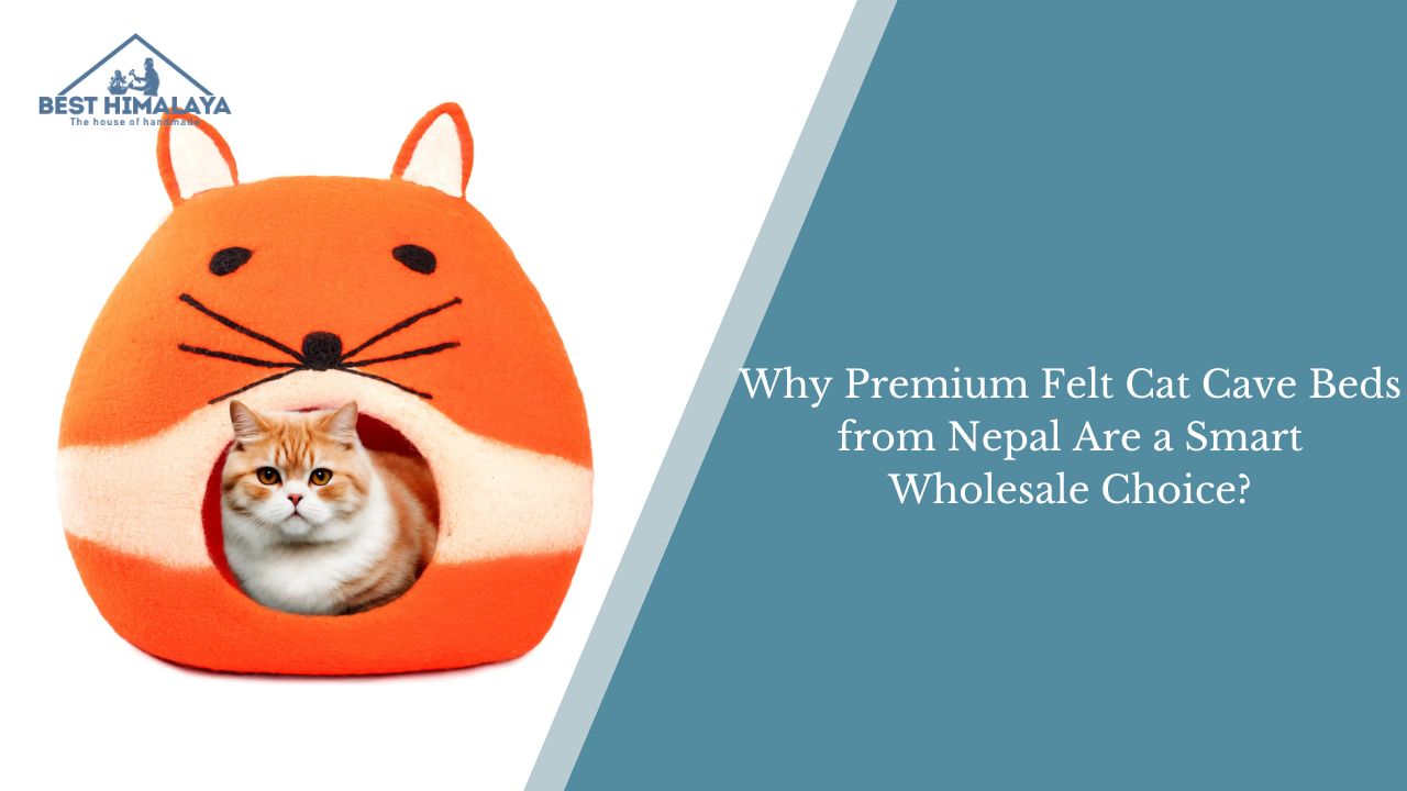 Premium felt cat cave bed from Nepal with a cat inside, offering comfort and warmth, ideal for wholesale businesses.