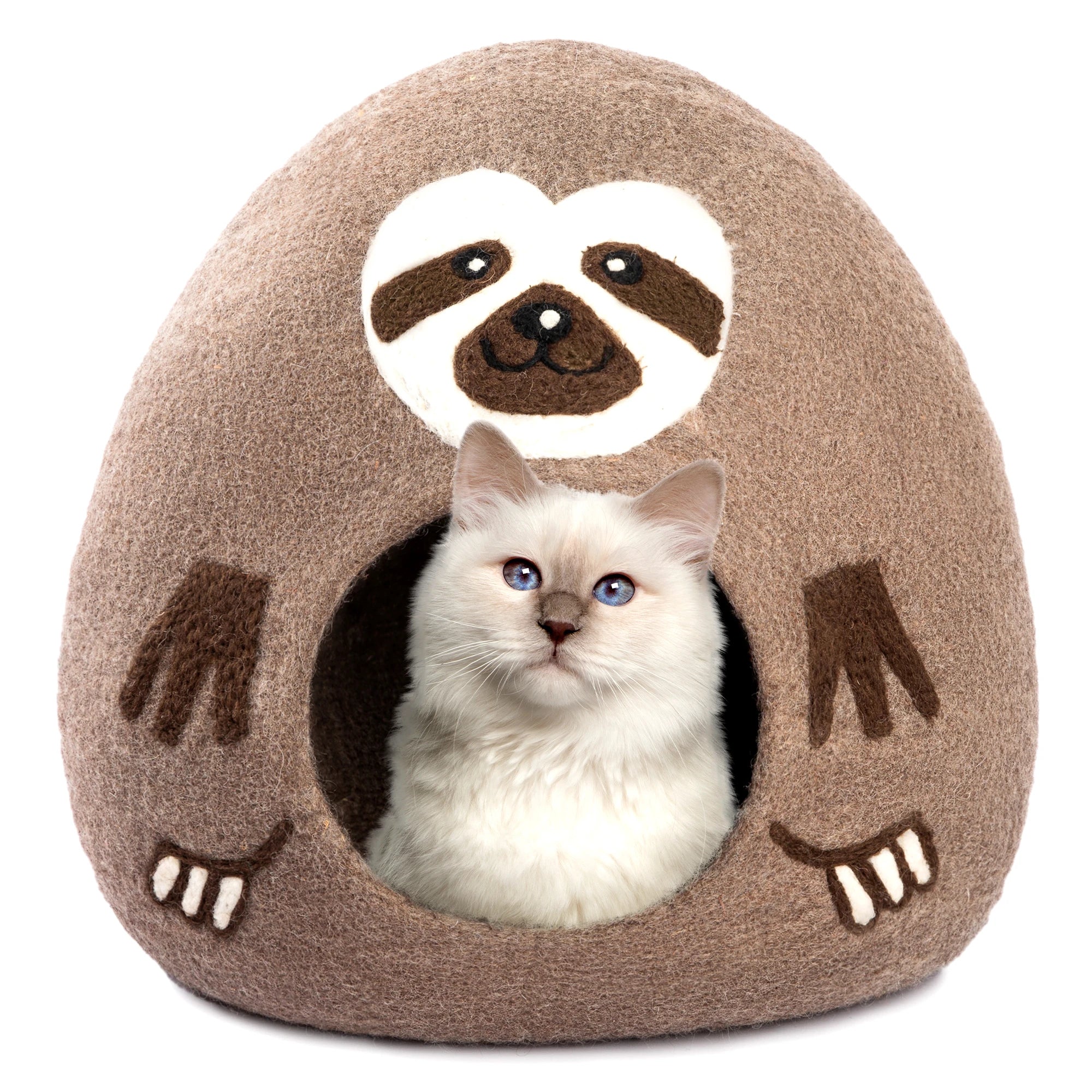 Handcrafted felt cat cave in green and blue tones, offering a cozy and stylish retreat for your pet.