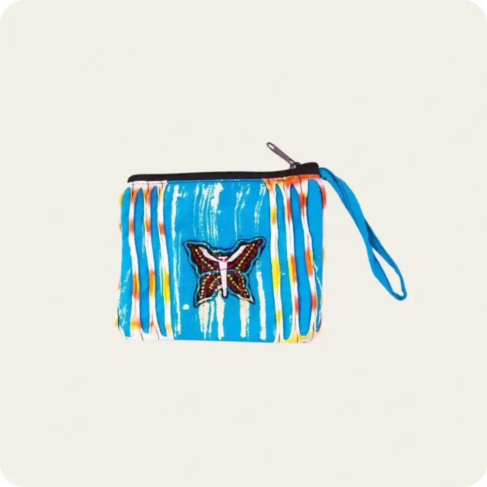 Colorful handmade ladies purse with butterfly embroidery, designed with vibrant patterns and stripes, ideal for carrying essentials.