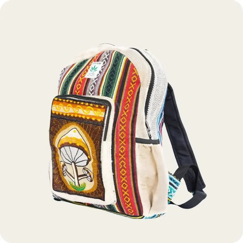 Eco-friendly handcrafted hemp backpack with colorful ethnic design.