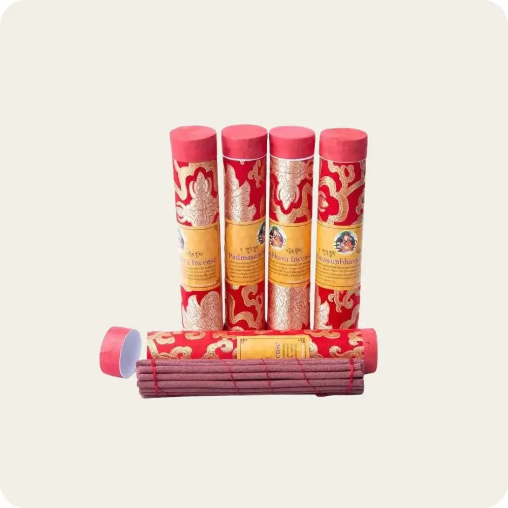 Tibetan incense sticks in decorative red packaging, handcrafted for spiritual use, meditation, and aromatic relaxation.