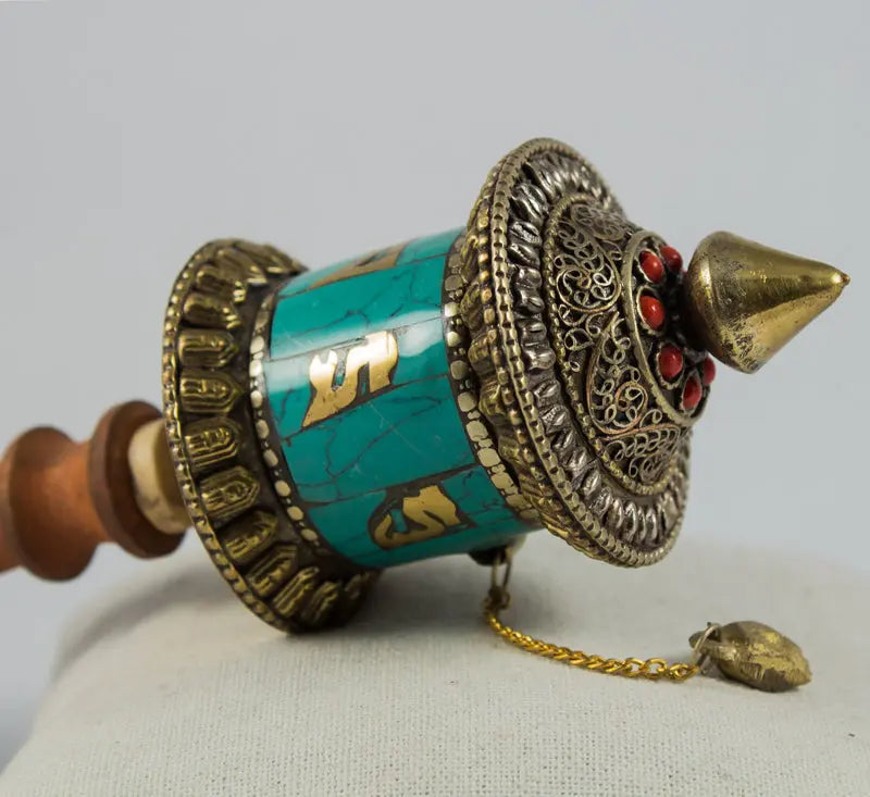 Dharma Wheel - Buddhist Tibetan Mantra Small  Hand Held Turquoise Prayer Wheel - Best HimalayaBest Himalaya