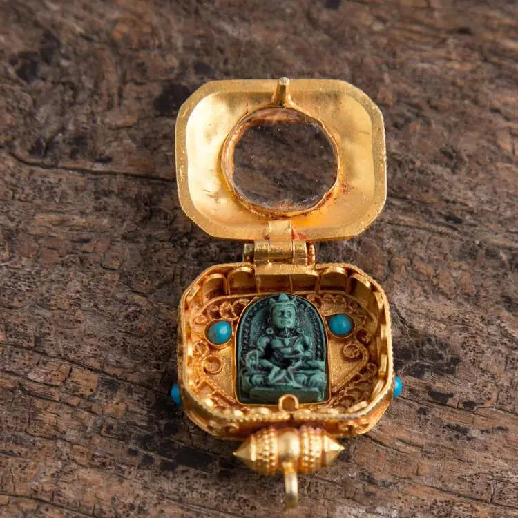 Gold plated  Square Tibetan Ghau Pendant  Precious Stone Embedded BestHimalya