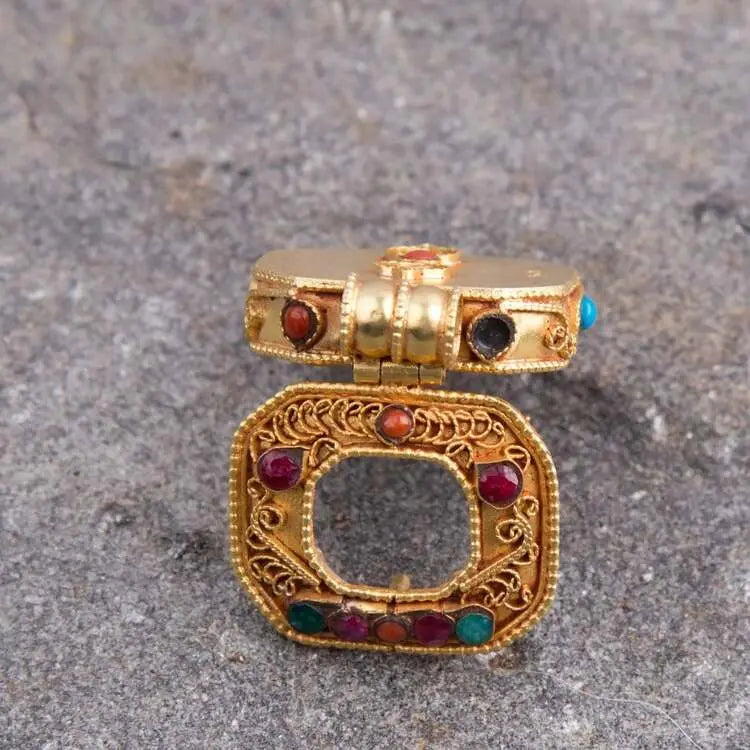 Gold plated  Square Tibetan Ghau Pendant  Precious Stone Embedded BestHimalya