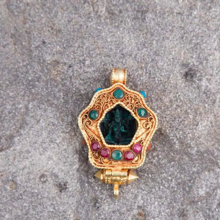 Gold plated  Tibetan Ghau Pendant  Precious stone embeded BestHimalya