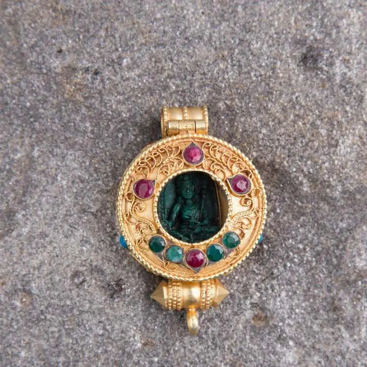 Gold plated  round Tibetan Ghau Pendant Precious stone embeded BestHimalya