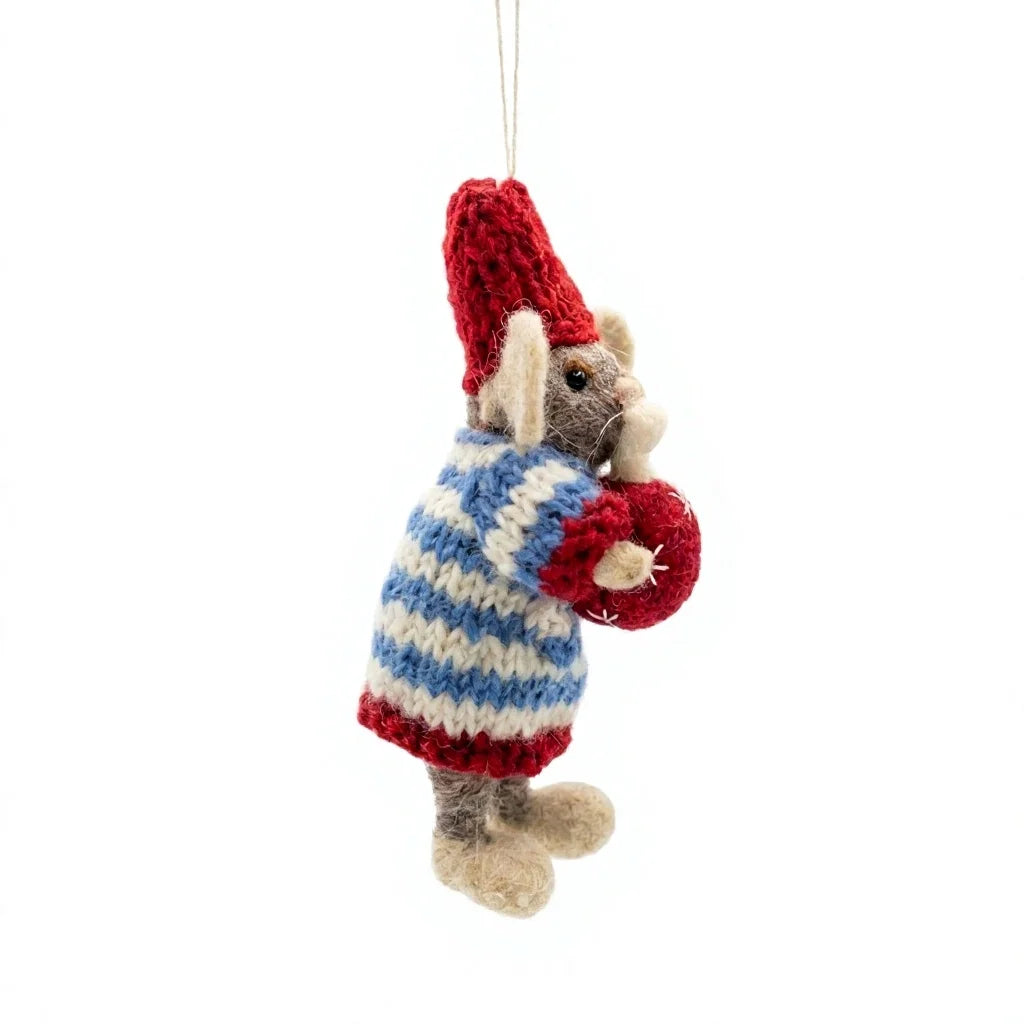 Felt Wool Christmas Mouse Ornament with Red Hat and Sweater Holding Bauble Wall Hanging Decor – view 3