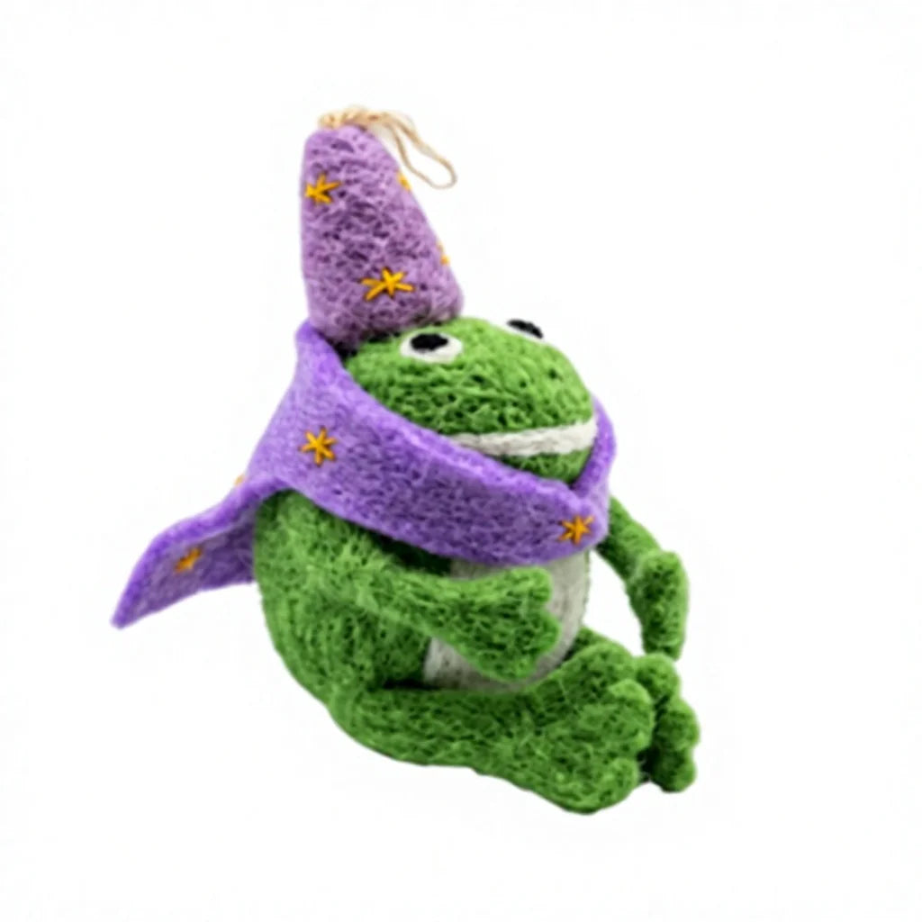 Felt Wool Frog Christmas Ornament with Purple Wizard Hat and Star Details Handmade Cartoon Animal Decor Small Wall Hanging – view 3