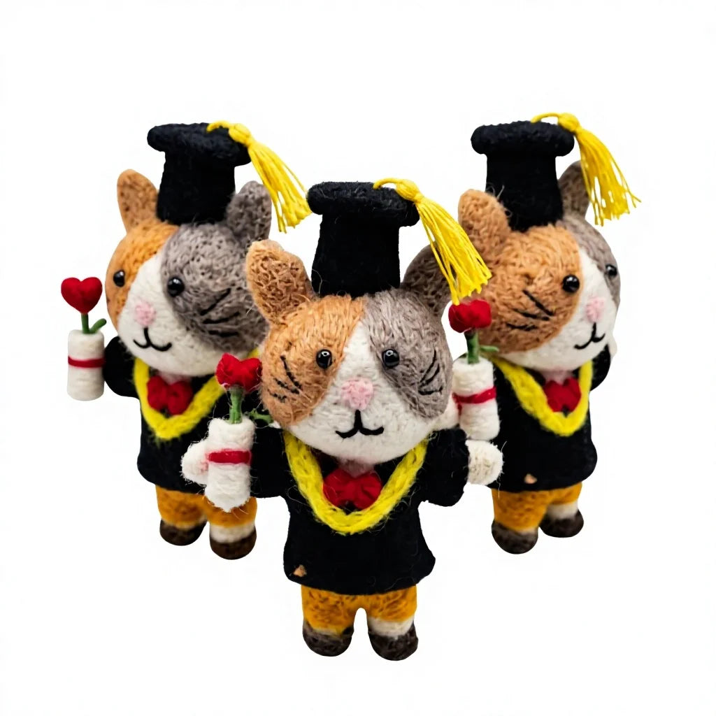 Felt Wool Graduation Cat Figurine with Cap and Rose Small Animal Decor – handmade by Best Himalaya