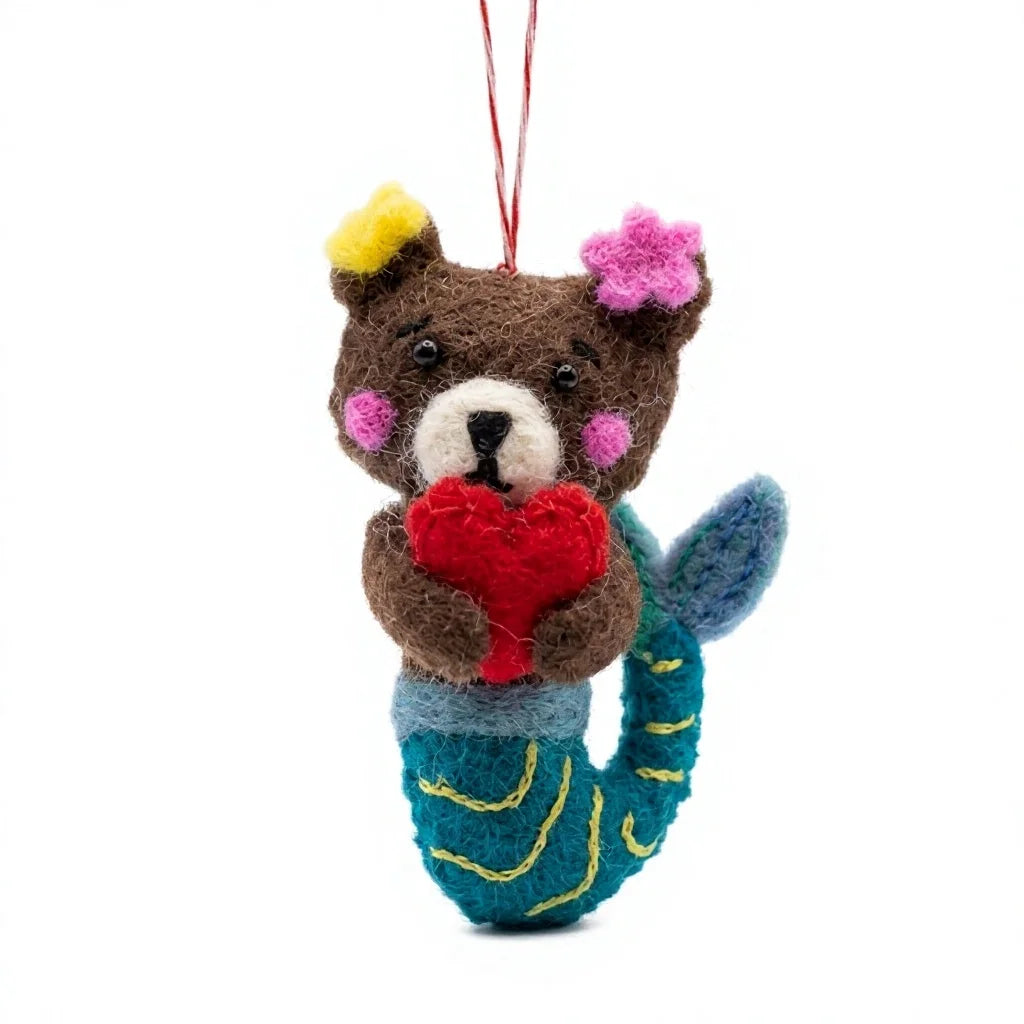 Felt Wool Bear Mermaid Ornament with Heart Cartoon Animal Hanging Decor – view 2