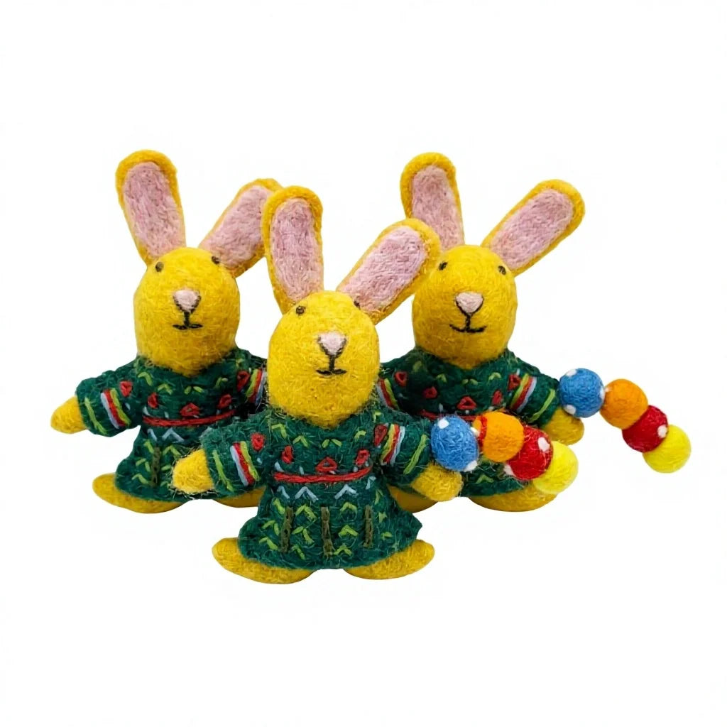 Felt Wool Easter Rabbit Ornament with Embroidered Green Dress and Colorful Wool Ball Garland – handmade by Best Himalaya