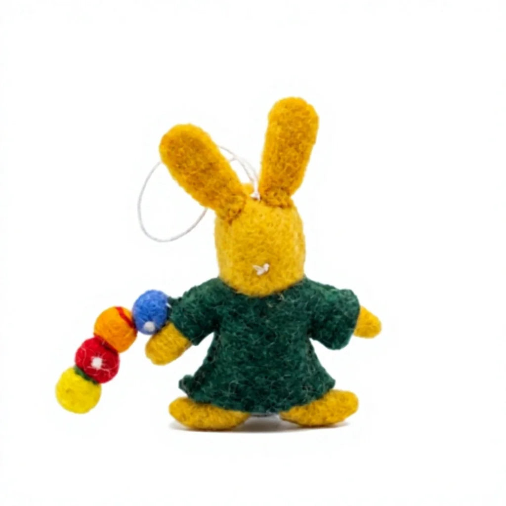 Felt Wool Easter Rabbit Ornament with Embroidered Green Dress and Colorful Wool Ball Garland – view 3