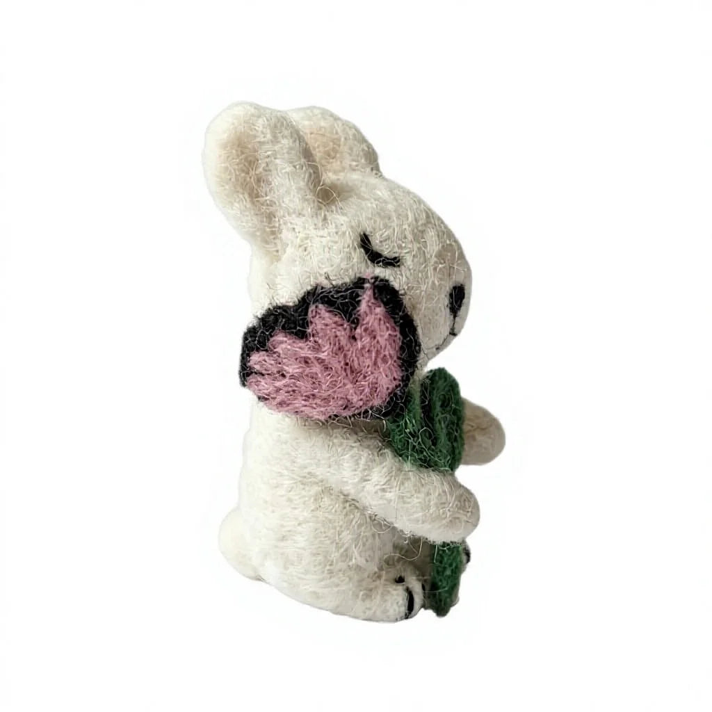 Felt Wool White Bunny Rabbit Decorations with Green Carrot and Pink Ears – view 3