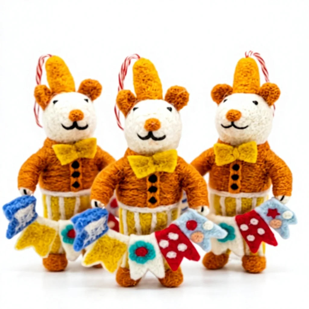 Felt Wool Mouse Christmas Ornament Set with Ribbon Garland Multi Color Cartoon Animal Decor – handmade by Best Himalaya