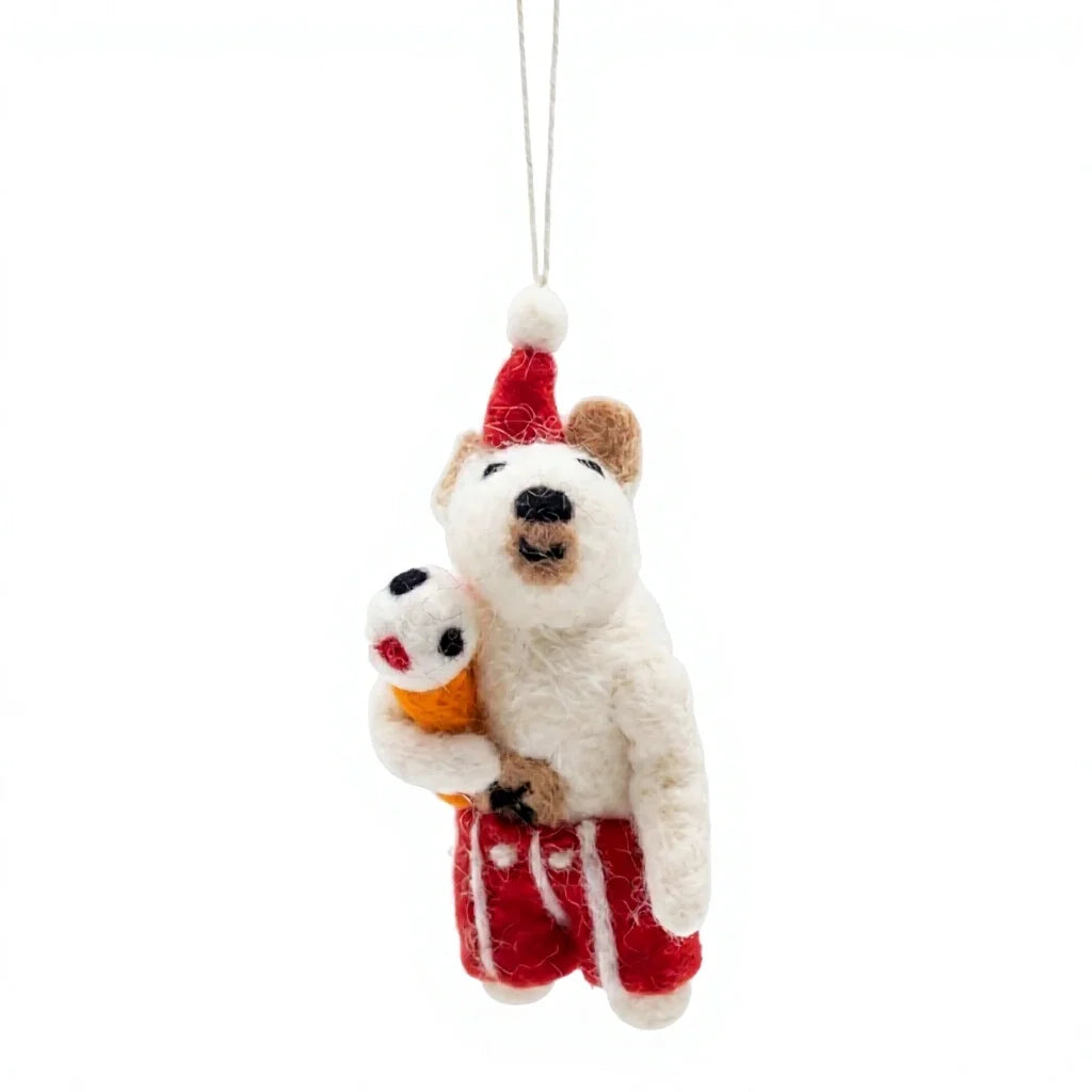 Felt Wool Christmas Bear Holding Snowman with Santa Hat Hanging Ornament Small Cartoon Animal Decor – view 2