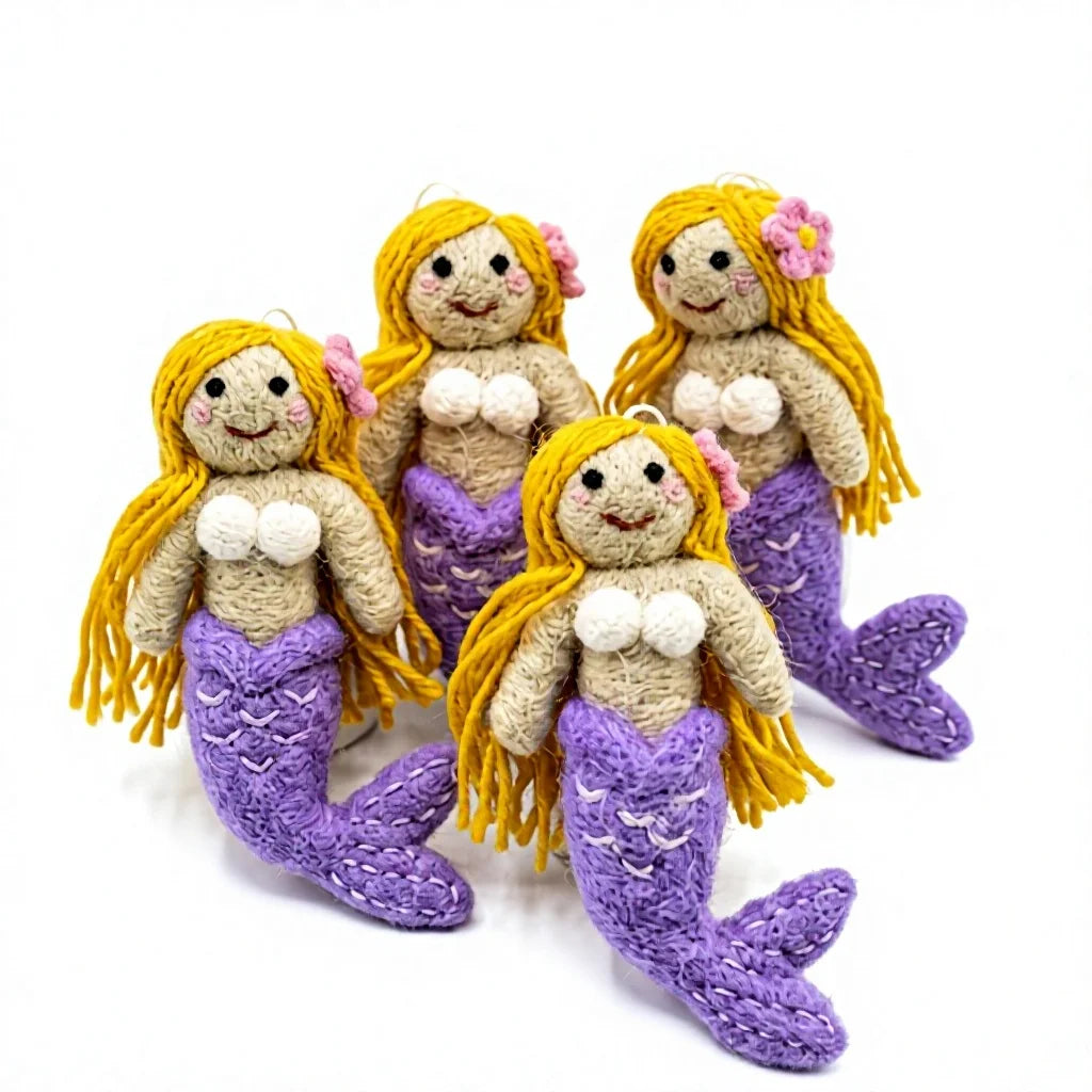 Felt Wool Jute Mermaid Dolls Purple Tail Yellow Hair Cartoon Christmas Indoor Decoration Wall Hanging Small Size – handmade by Best Himalaya