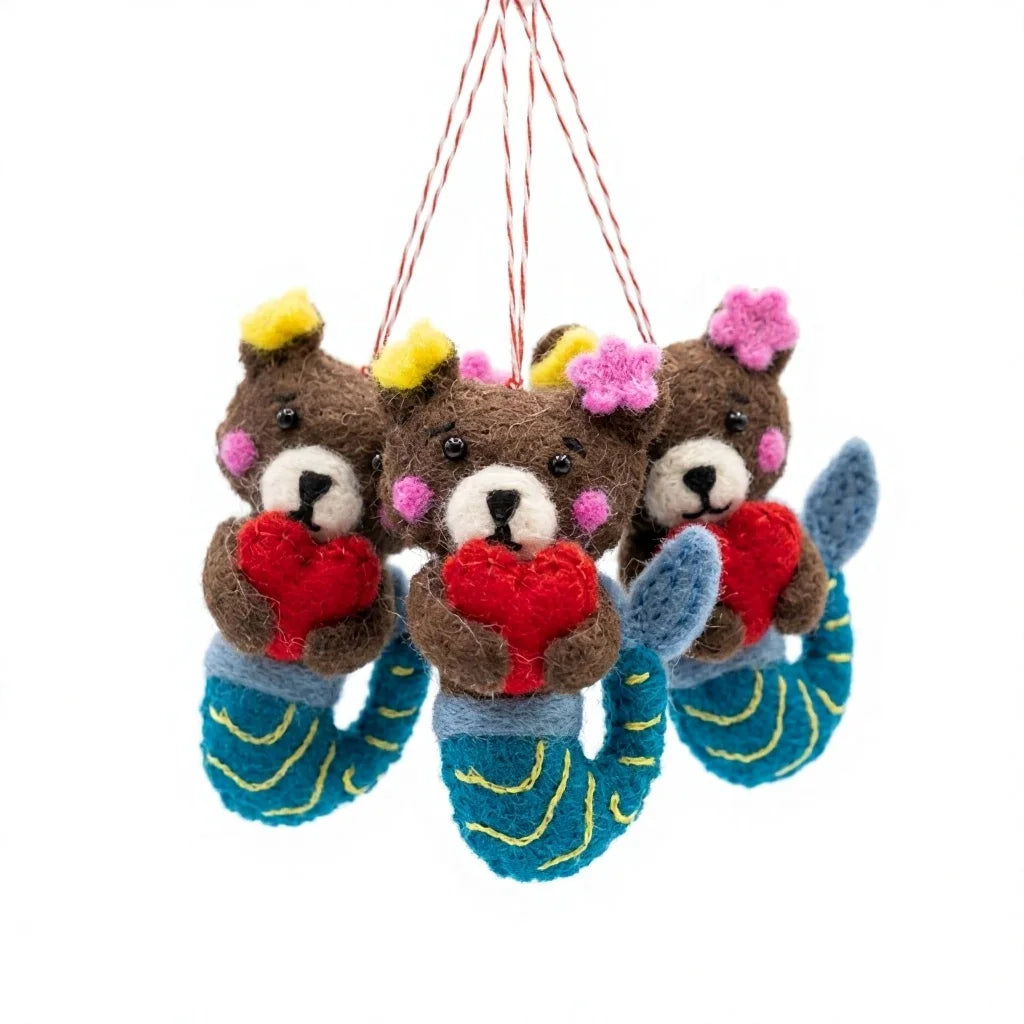 Felt Wool Bear Mermaid Ornament with Heart Cartoon Animal Hanging Decor – handmade by Best Himalaya