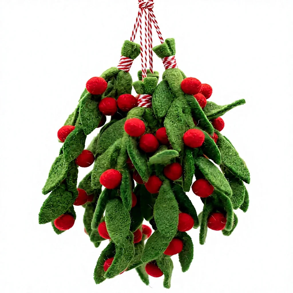 Felt Wool Mistletoe Garland with Red Berries Decorations – handmade by Best Himalaya