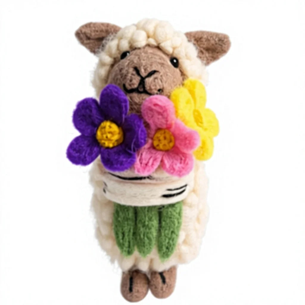 Felt Wool Sheep with Flower Bouquet Wall Hanging Decor Cartoon Animal Ornament – view 2