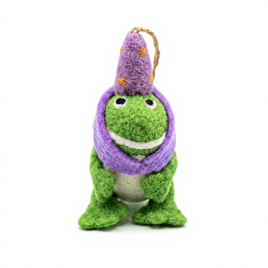 Felt Wool Frog Christmas Ornament with Purple Wizard Hat and Star Details Handmade Cartoon Animal Decor Small Wall Hanging – view 2