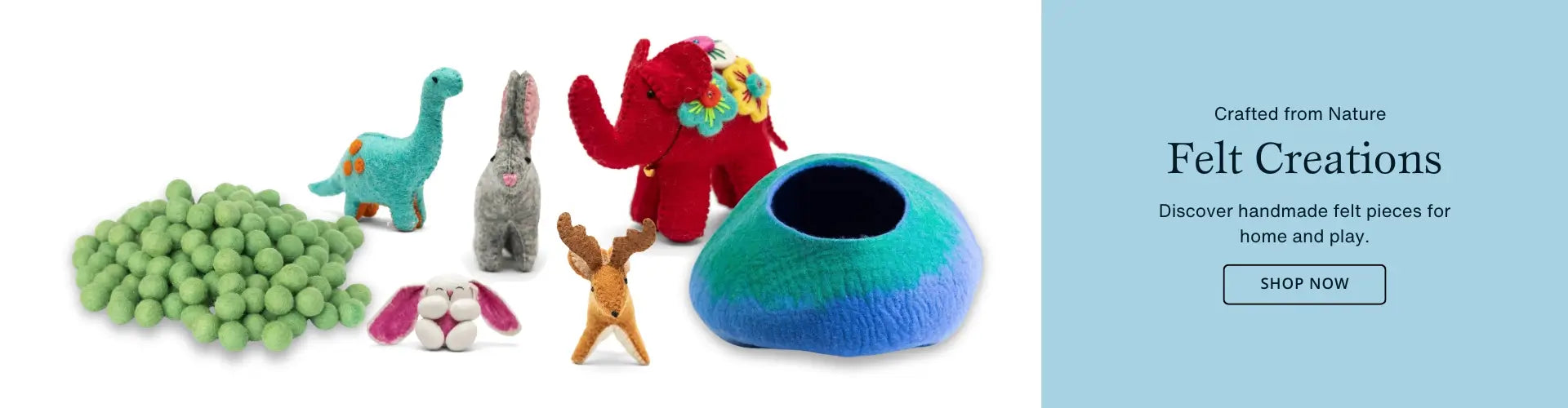 Handmade felt toys including animals, cat cave, and decor for home and play from Best Himalaya