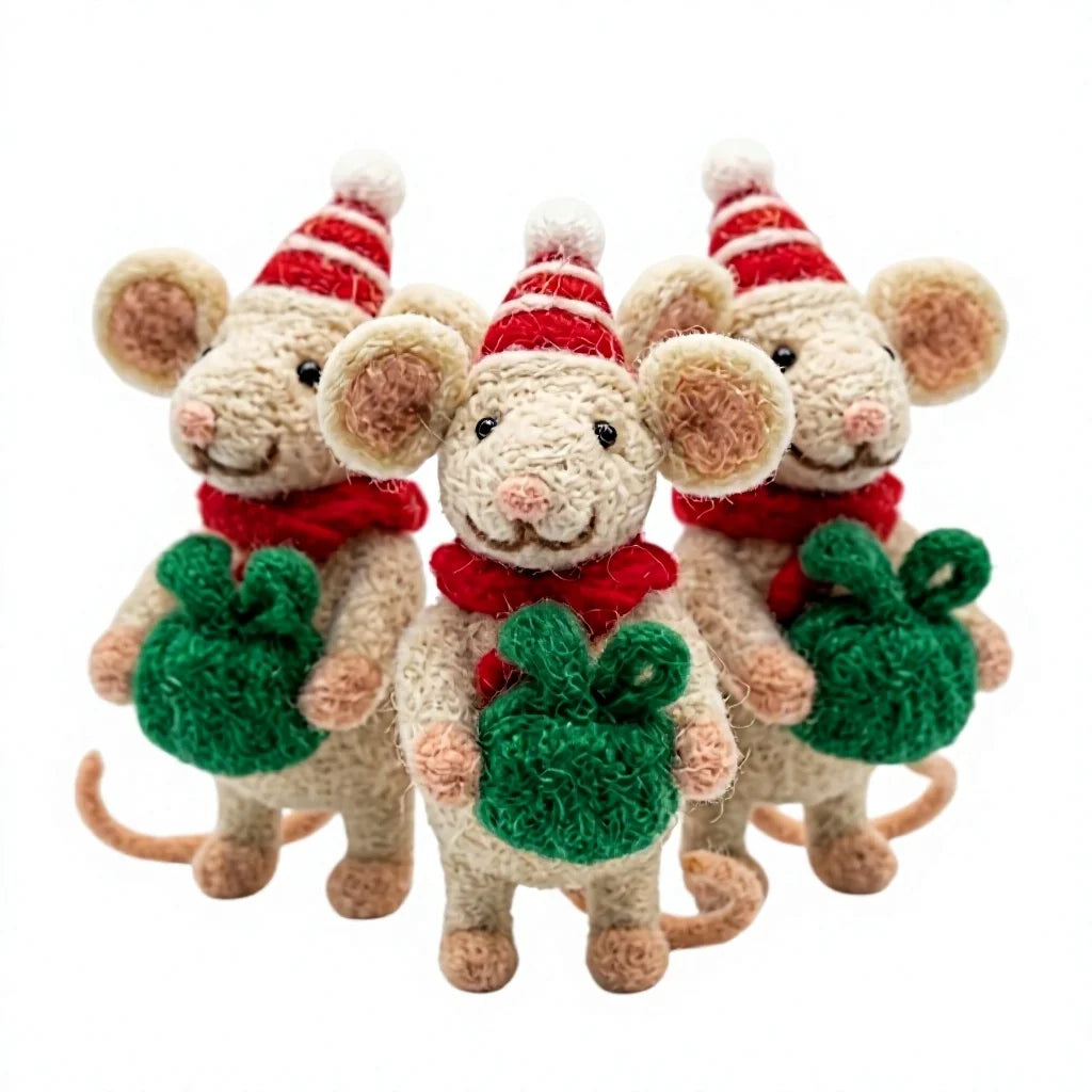Felt Wool Mouse with Red Hat and Green Gift Sack Cartoon Animal Ornament Indoor Decor – handmade by Best Himalaya