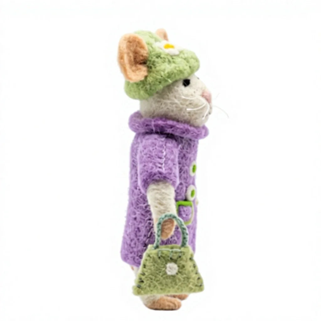 Felt Wool Mouse Dolls in Purple Coats Green Hats Cartoon Style Indoor Christmas Decoration – view 3
