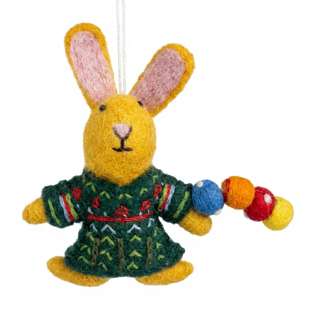 Felt Wool Easter Rabbit Ornament with Embroidered Green Dress and Colorful Wool Ball Garland – view 2