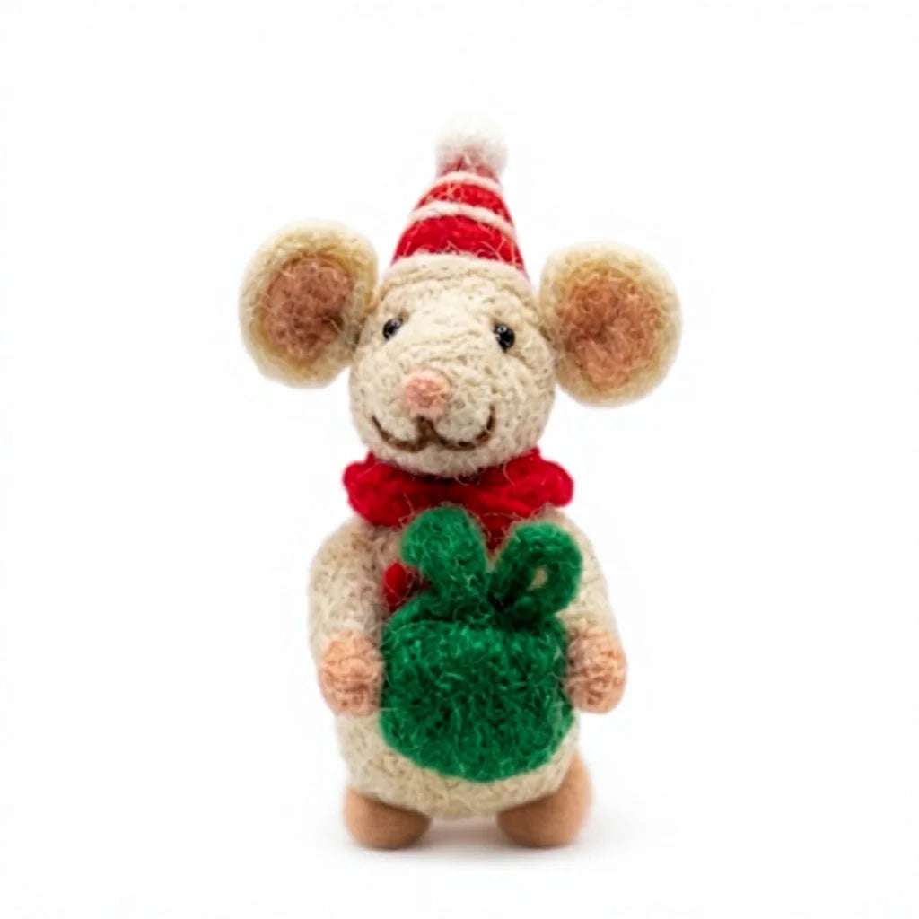 Felt Wool Mouse with Red Hat and Green Gift Sack Cartoon Animal Ornament Indoor Decor – view 2