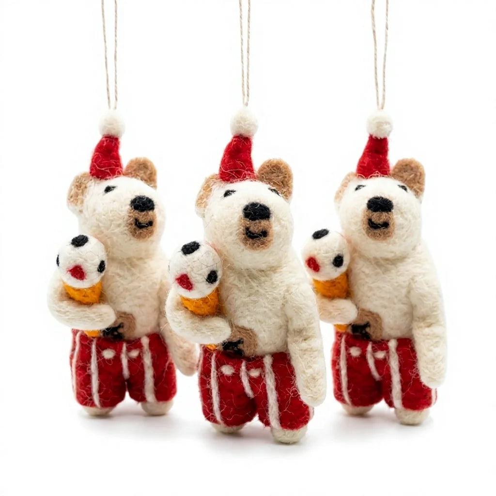 Felt Wool Christmas Bear Holding Snowman with Santa Hat Hanging Ornament Small Cartoon Animal Decor – handmade by Best Himalaya