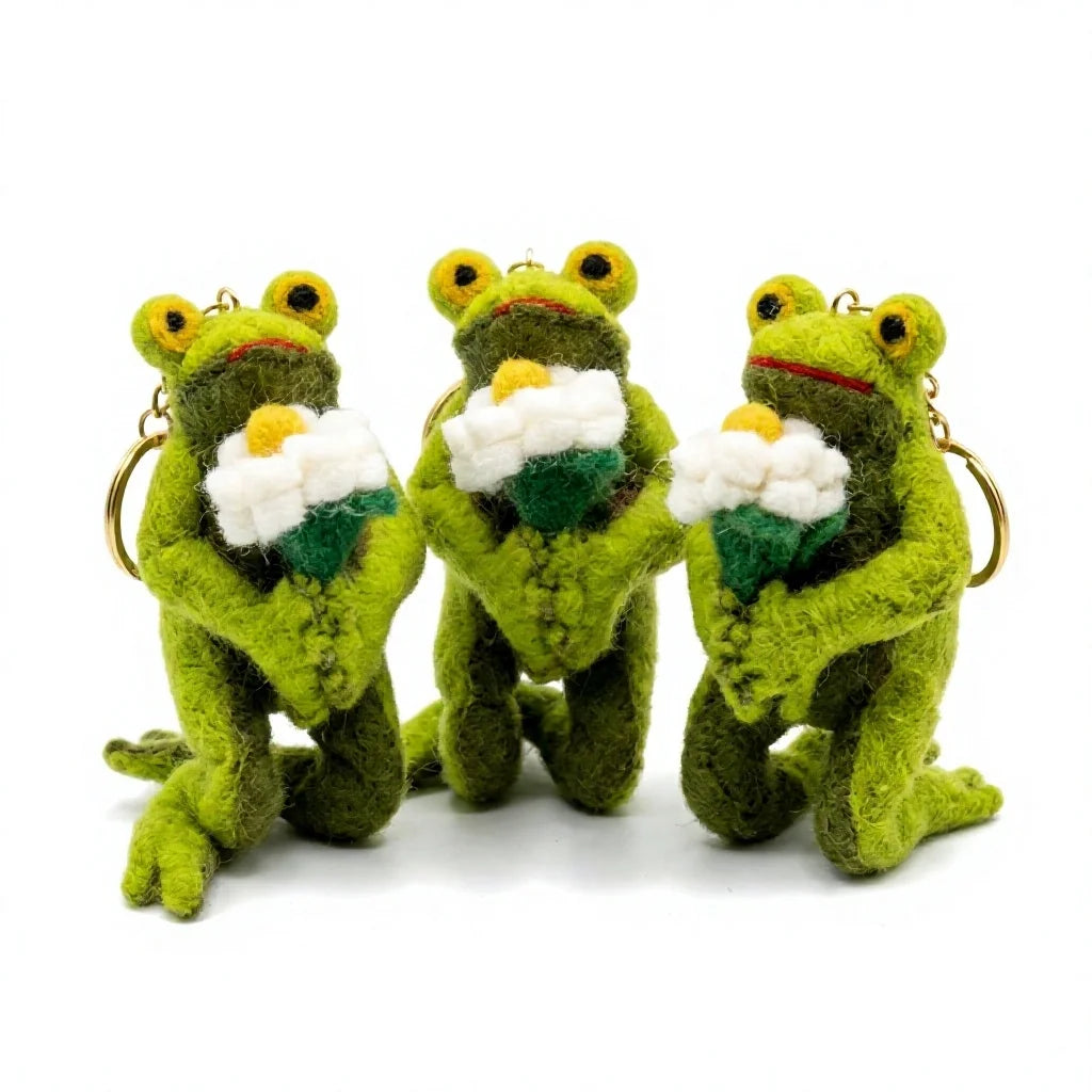 Felt Wool Frog Keychain with Flower Ornament Small Cartoon Animal Decorative – handmade by Best Himalaya