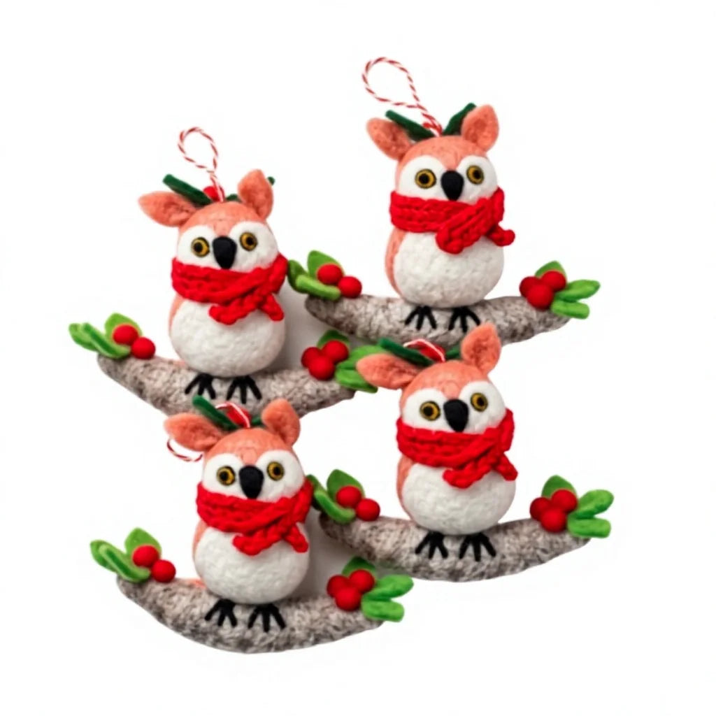Felt Wool Owl Christmas Decoration Set with Red Scarf and Berries Wall Hanging – view 3