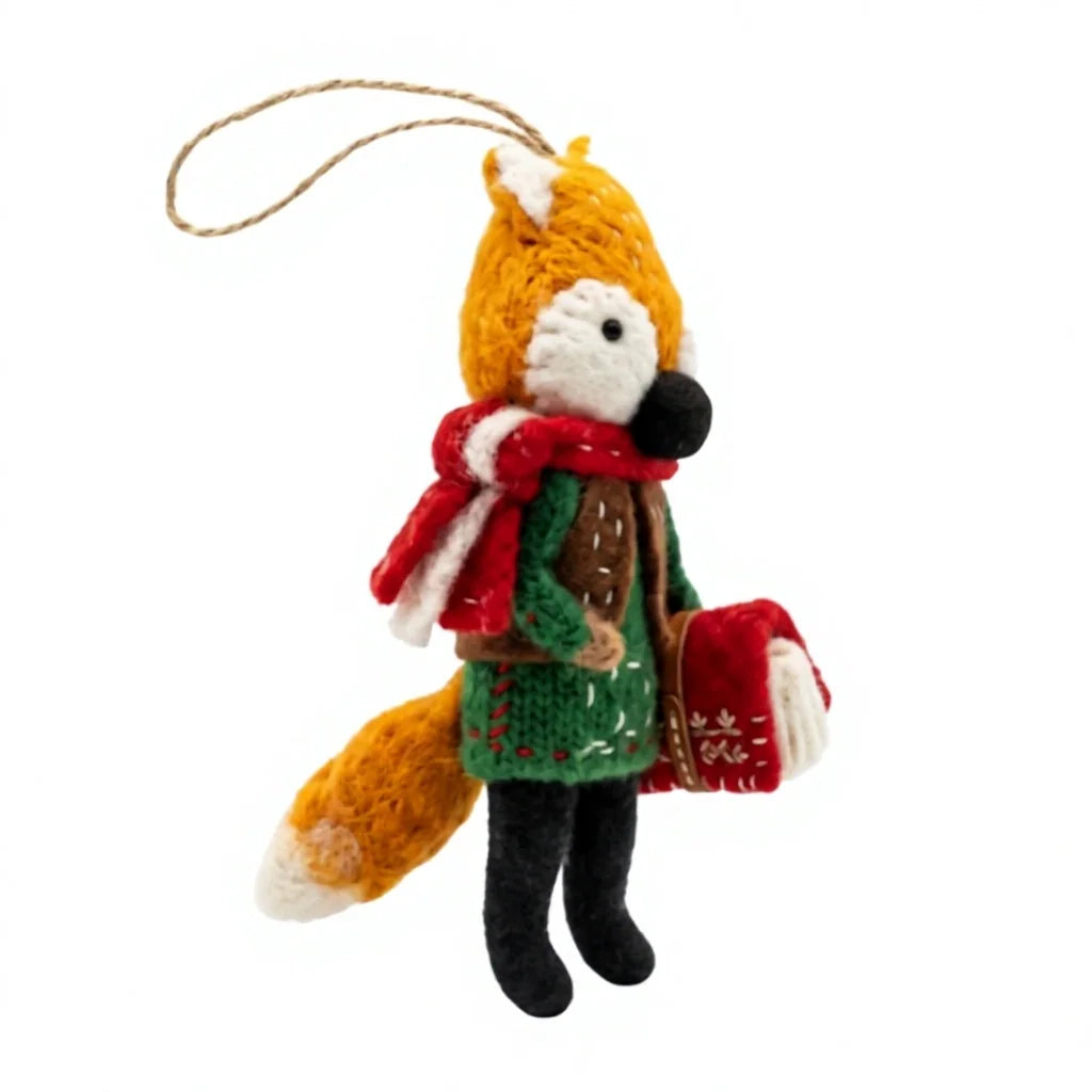 Felt Wool Fox Christmas Ornament with Scarf and Book Rustic Indoor Decoration – view 3
