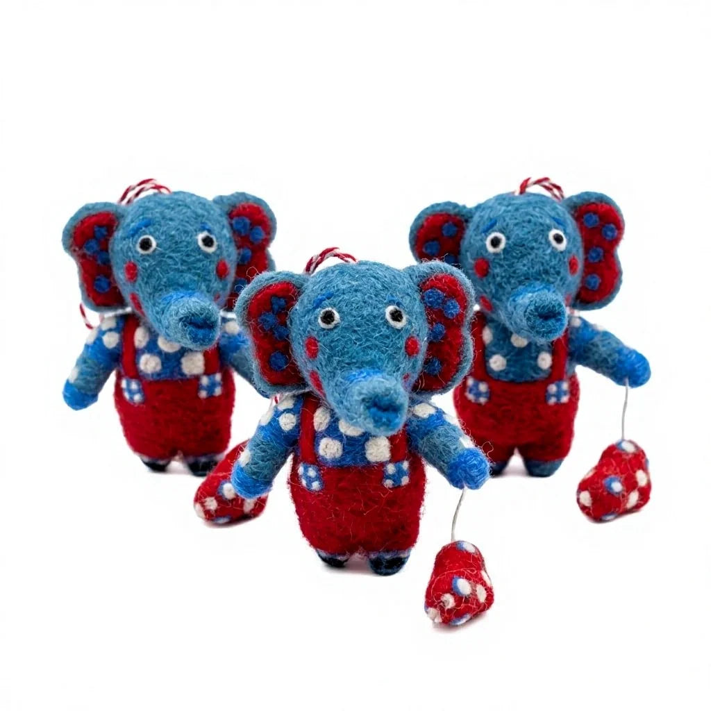 Felt Wool Elephant Christmas Ornament Red Blue Cartoon Animal Wall Hanging Small Indoor Decor – handmade by Best Himalaya