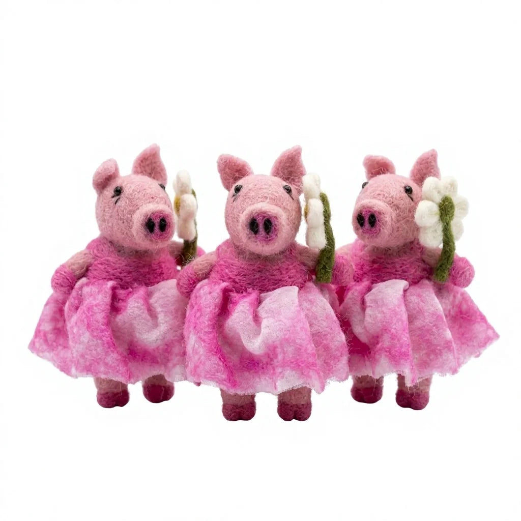 Felt Wool Pig Christmas Ornament with Pink Skirt Flower Handmade Cartoon Animal Decor – handmade by Best Himalaya
