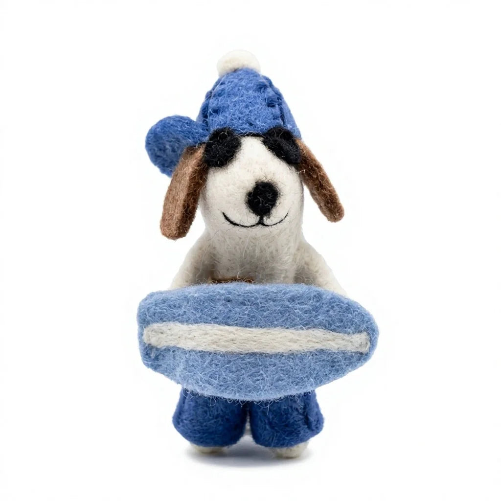 Felt Wool Surfing Dog Ornament Blue Hat White Body Handmade Christmas Decor – view 2