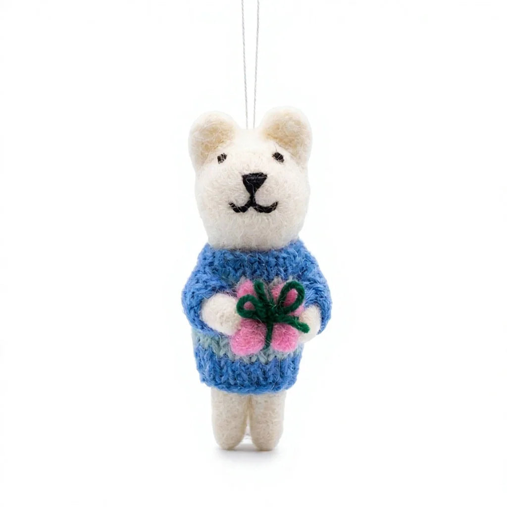 Felt Wool Bear Ornament with Pink Flower and Blue Sweater – view 2