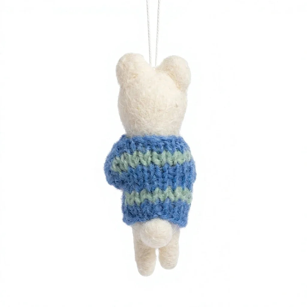 Felt Wool Bear Ornament with Pink Flower and Blue Sweater – view 4