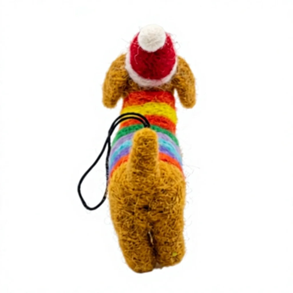 Felt Wool Dog Christmas Decoration with Santa Hat and Rainbow Scarf – view 4