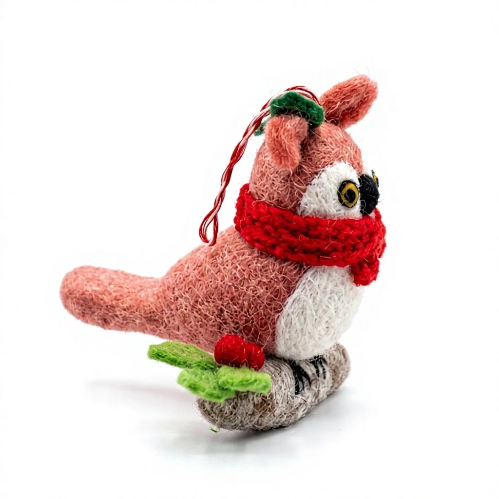 Felt Wool Owl Christmas Decoration Set with Red Scarf and Berries Wall Hanging – view 4