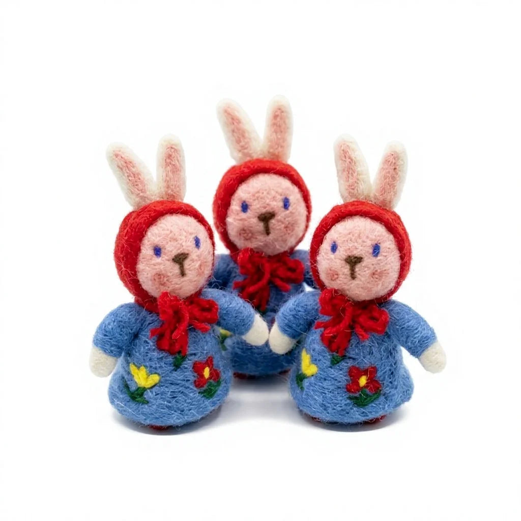 Felt Wool Bunny Dolls with Red Hood Blue Floral Dress Embroidered Felt Christmas Decoration – handmade by Best Himalaya