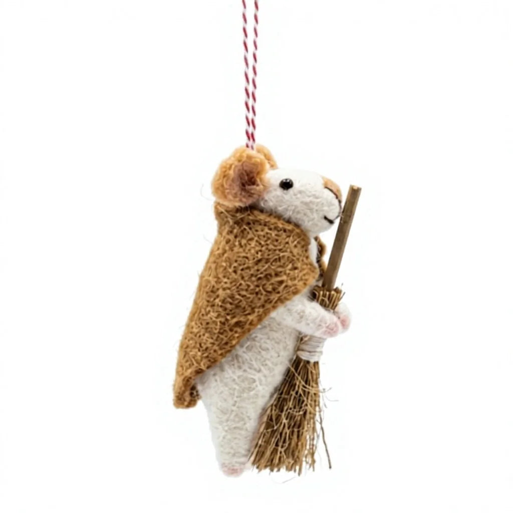 Felt Wool Mouse Ornament with Broom Rustic Christmas Decoration – view 3