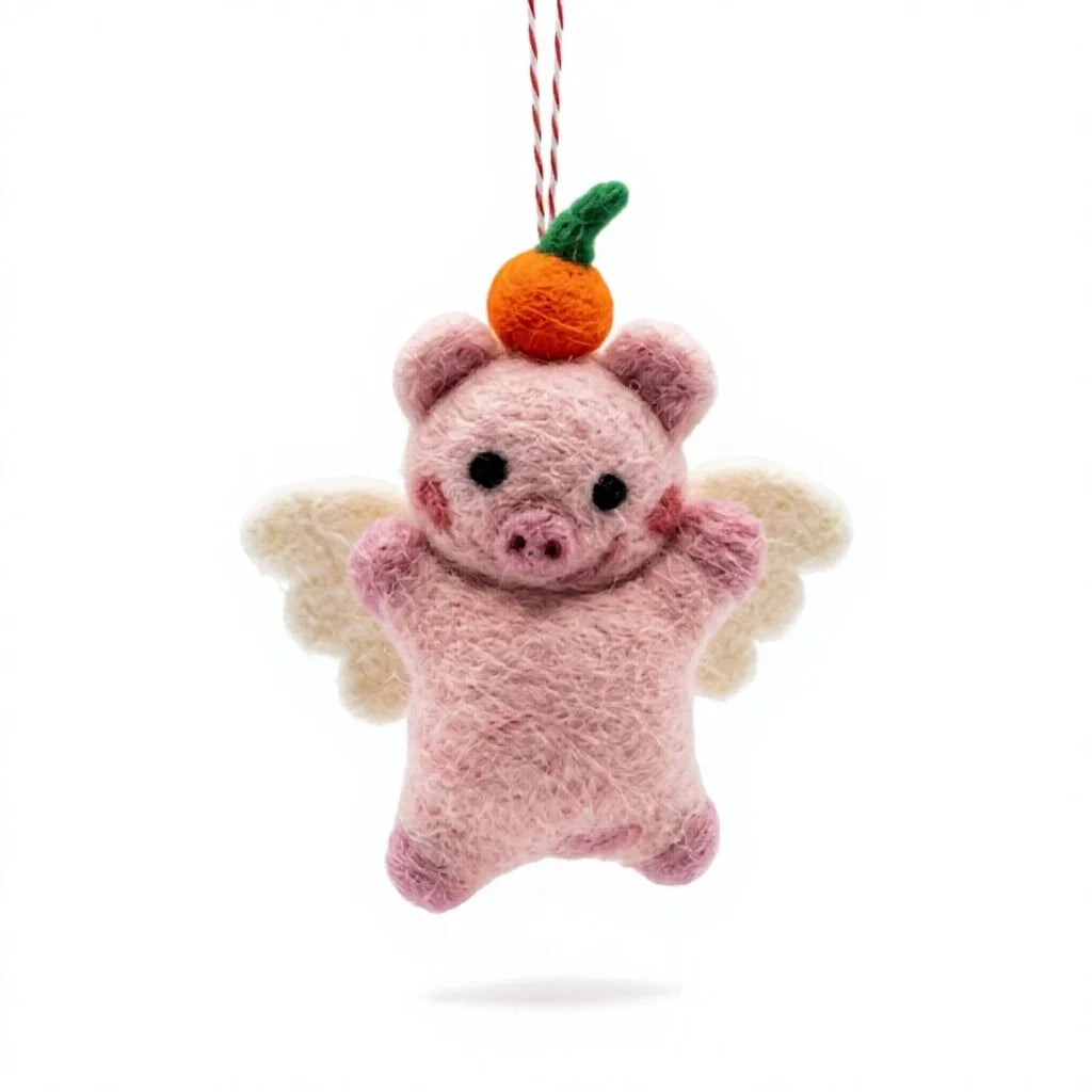 Felt Wool Pink Pig Angel Ornament with Pumpkin Top Handmade Felt Christmas Decor – view 2